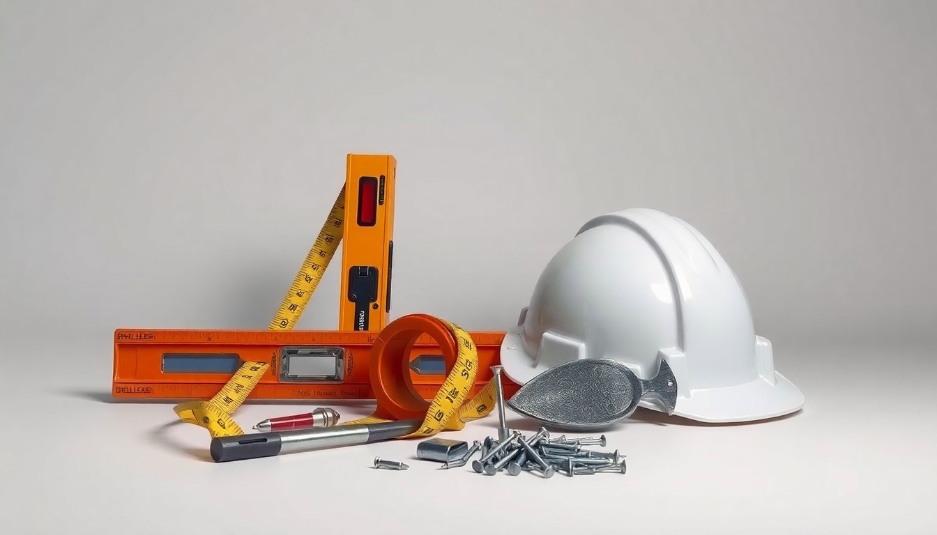 A high-end studio still life featuring a collection of premium construction tools and materials arranged elegantly on a clean, monochromatic background, conceptually representing the importance of hands-on expertise and problem-solving in the industry.