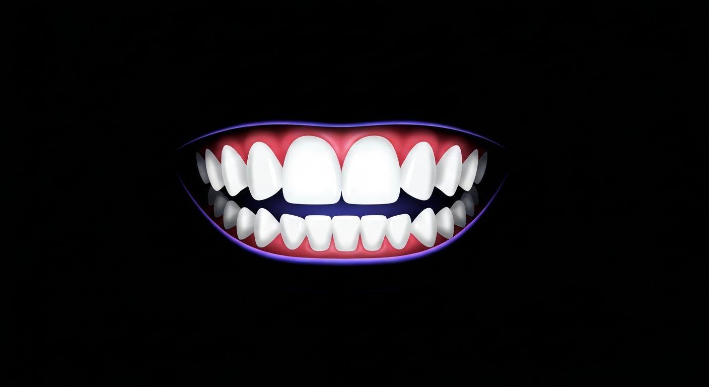 A vibrant neon outline illustration of a smiling human mouth with healthy teeth, conveying the positive energy of Dreamtime Dentistry's efforts to educate patients.