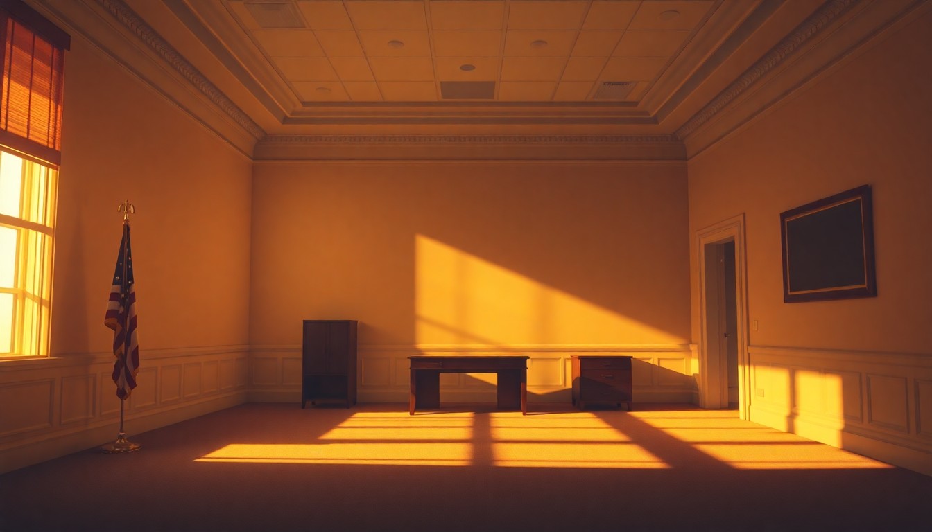 A dimly lit, cinematic painting of an empty government office space, with warm sunlight streaming through the windows and deep shadows cast across the room, conveying a sense of tension and isolation.