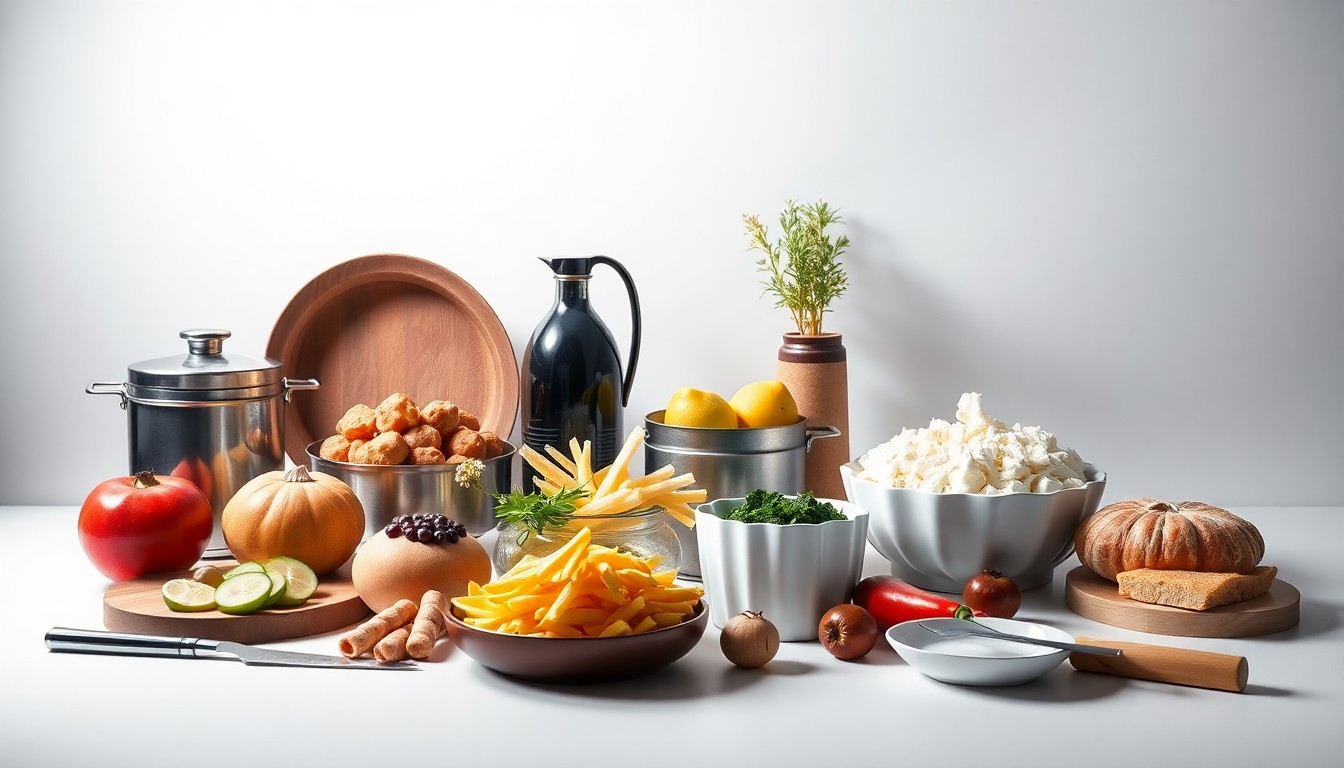A high-end, photorealistic studio still-life photograph featuring a selection of premium catering equipment and ingredients arranged elegantly on a clean, monochromatic seamless background, conceptually representing the quality and attention to detail of Handheld Catering's services.