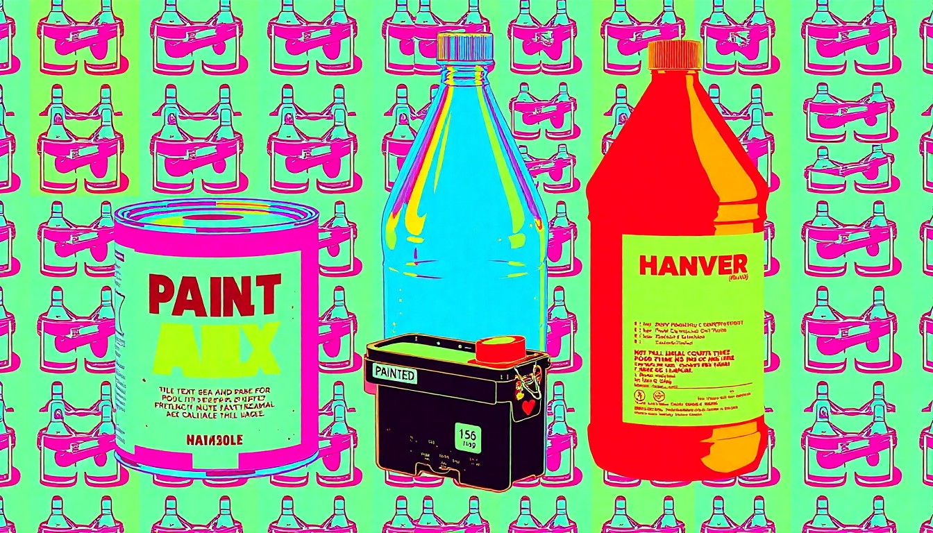 A grid of brightly colored, high-contrast silkscreen prints depicting a paint can, a pool chemical bottle, and a broken printer cartridge, conceptually representing the variety of hazardous household items that can be safely disposed of at the Tamarac event.