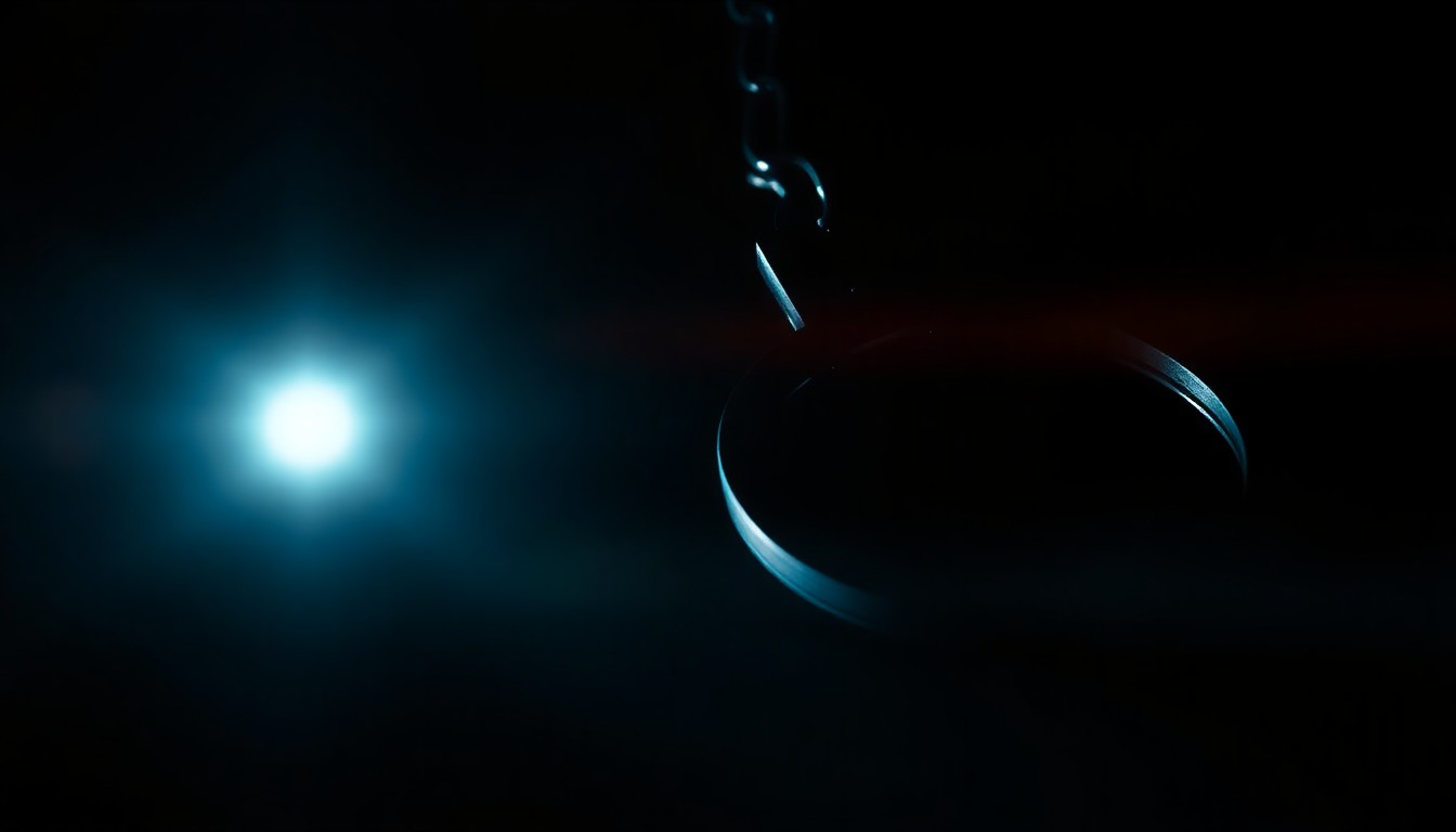 An extreme close-up photograph of a police badge or handcuffs against a pitch-black background, capturing the serious, investigative nature of the story.