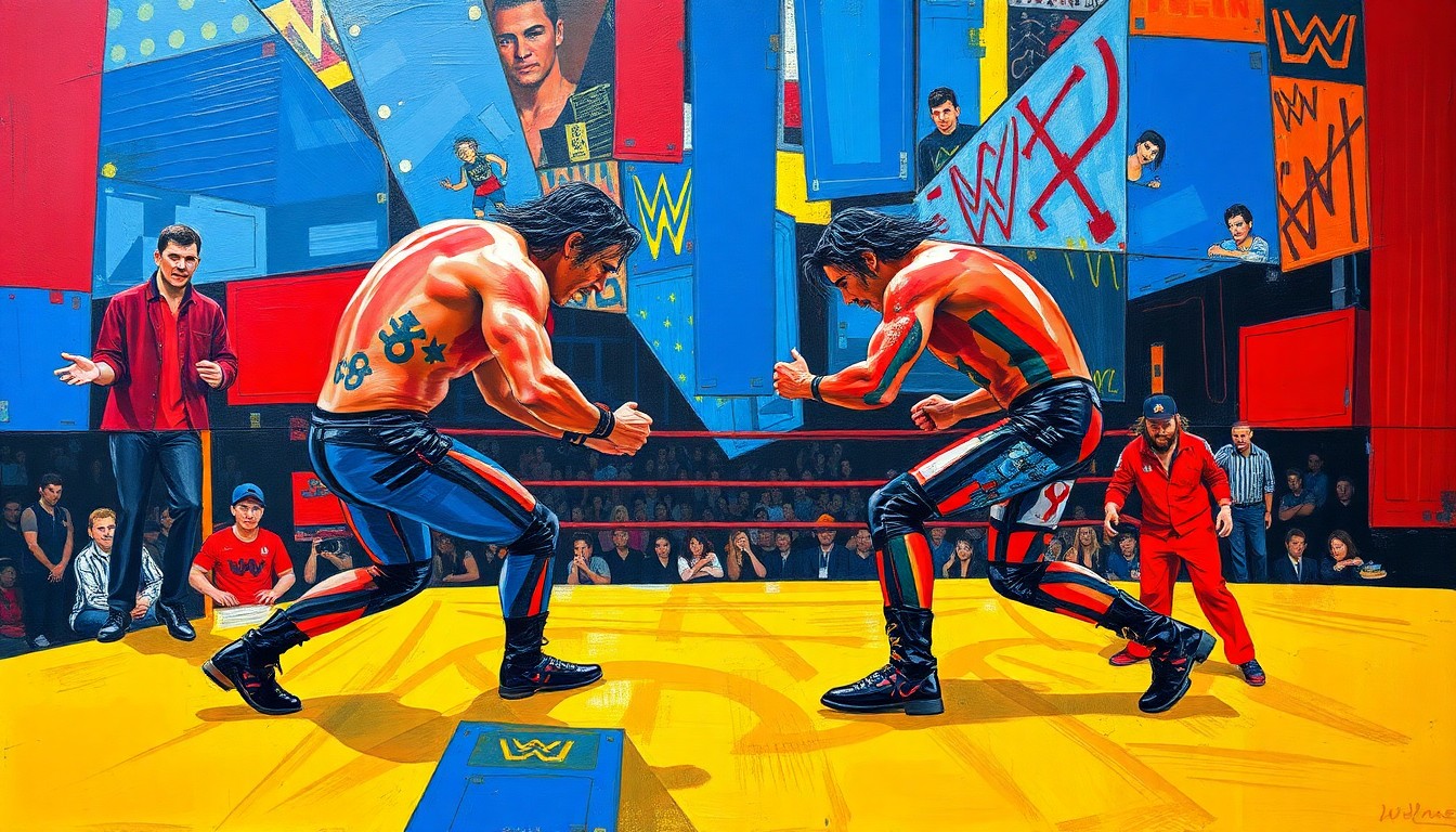 A fragmented, multi-angled painting in bold primary colors depicting the chaotic movements and physicality of a professional wrestling match.