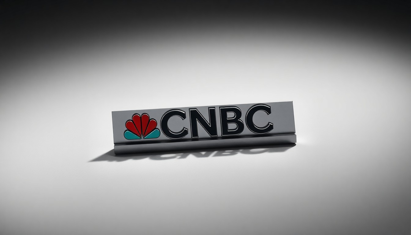 A minimalist studio photograph featuring a polished metal nameplate with the letters 'CNBC' engraved on it, symbolizing the transition of power and influence within the network's Washington operations.