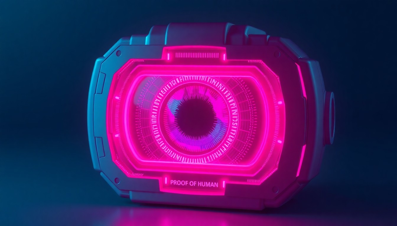 A highly detailed 3D illustration of a glowing, futuristic iris scanner device in shades of neon cyan and magenta, conceptually representing the cryptographic verification technology at the heart of World's 'proof of human' platform.