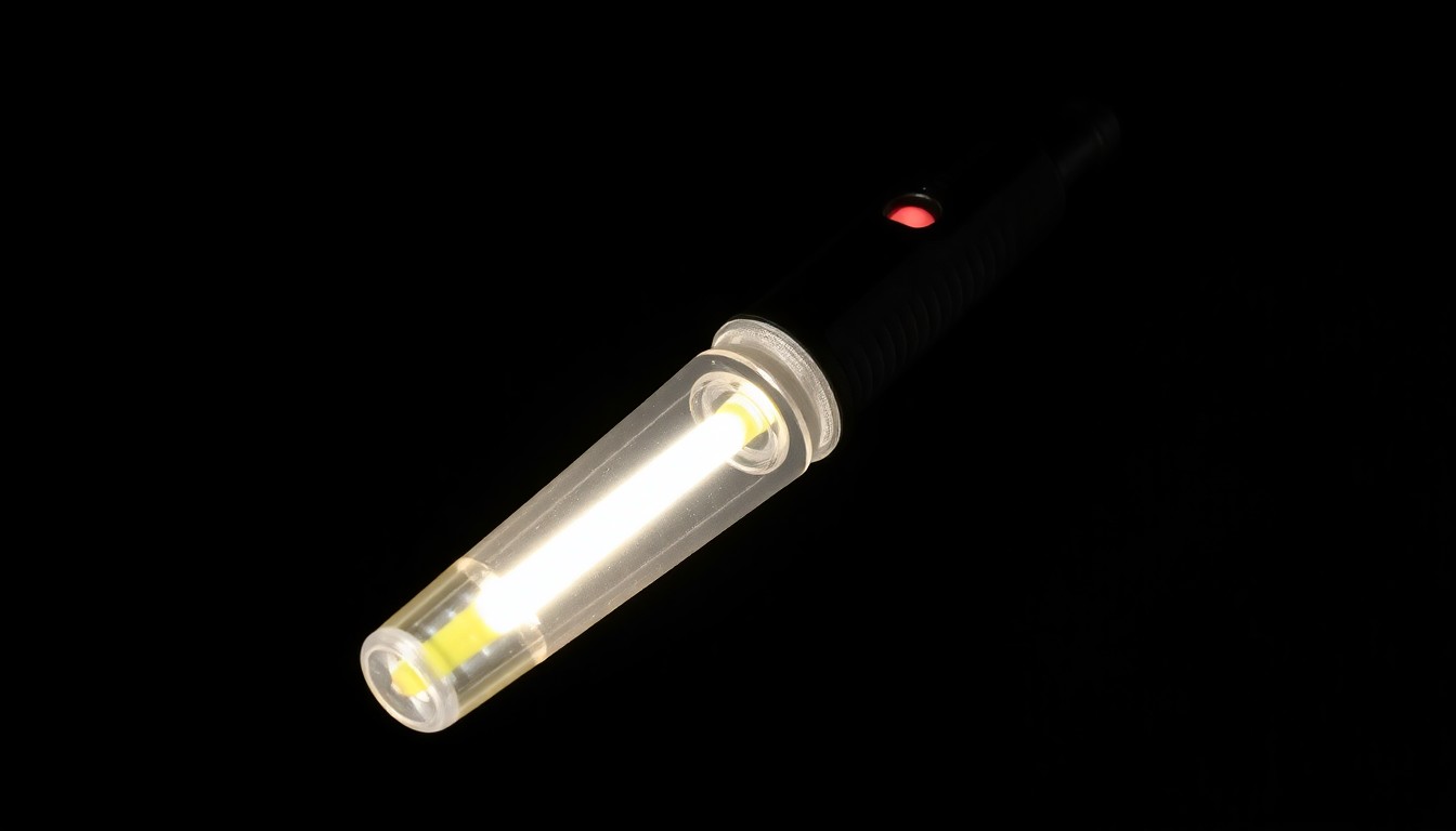 An extreme close-up photograph of a Taser dart against a pitch-black background, lit by a harsh, direct camera flash, conceptually representing the investigation into a police shooting incident.