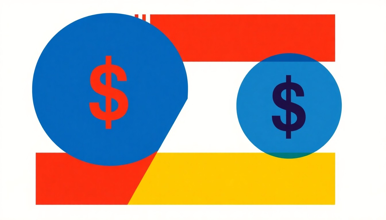 A vibrant abstract composition of overlapping triangles and rectangles in shades of blue, red, and yellow, conceptually representing the economic forces and legal battles surrounding tariff refunds.