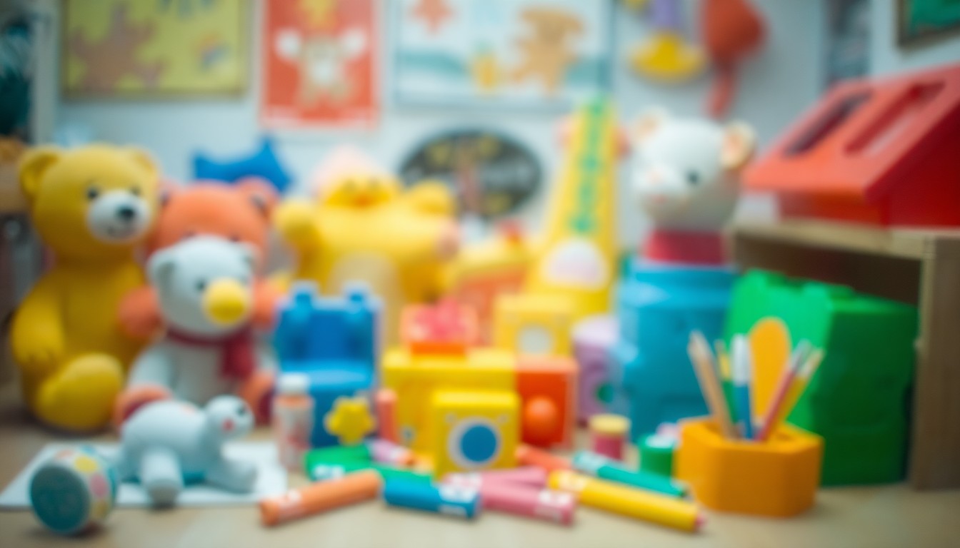 An abstract, out-of-focus photograph depicting a playful scene with colorful educational toys like stuffed animals, building blocks, and art supplies, representing the fun and creativity of early childhood learning.