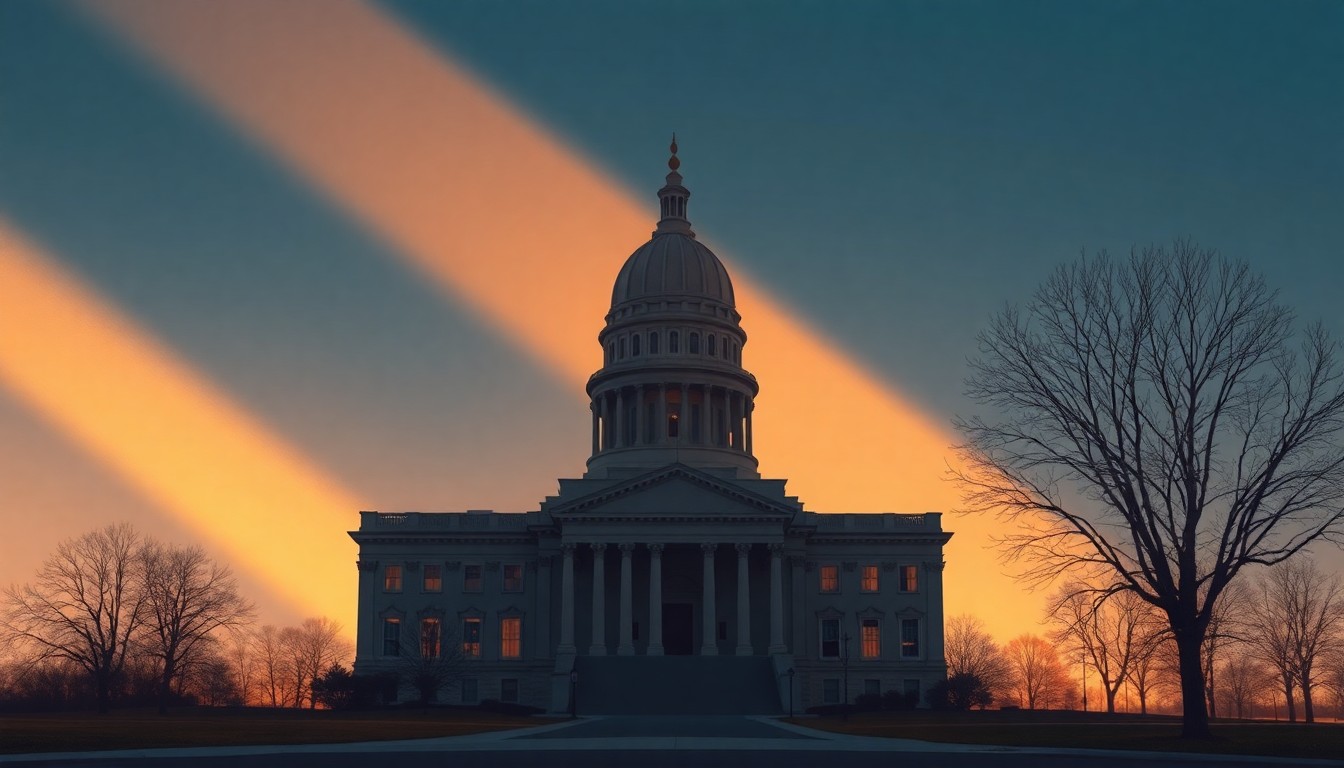 A serene, cinematic painting of the Illinois State Capitol building, its grand architecture and imposing presence bathed in warm, golden light and deep shadows, conveying a sense of quiet contemplation and the weight of political history.