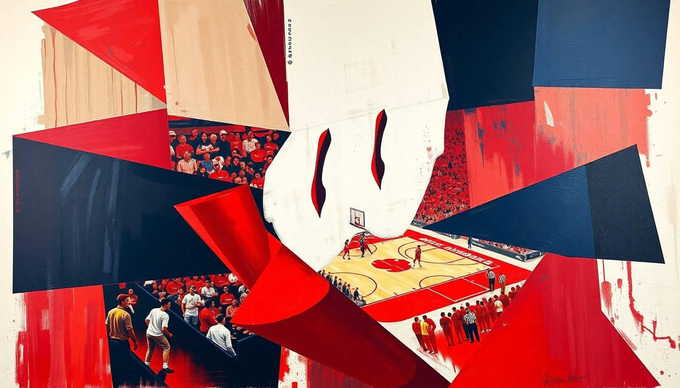 A fractured, multi-perspective painting in bold, geometric shapes and planes of cardinal red, bright white, and deep navy blue, conceptually representing the transition and changes within the Wisconsin Badgers athletic department.