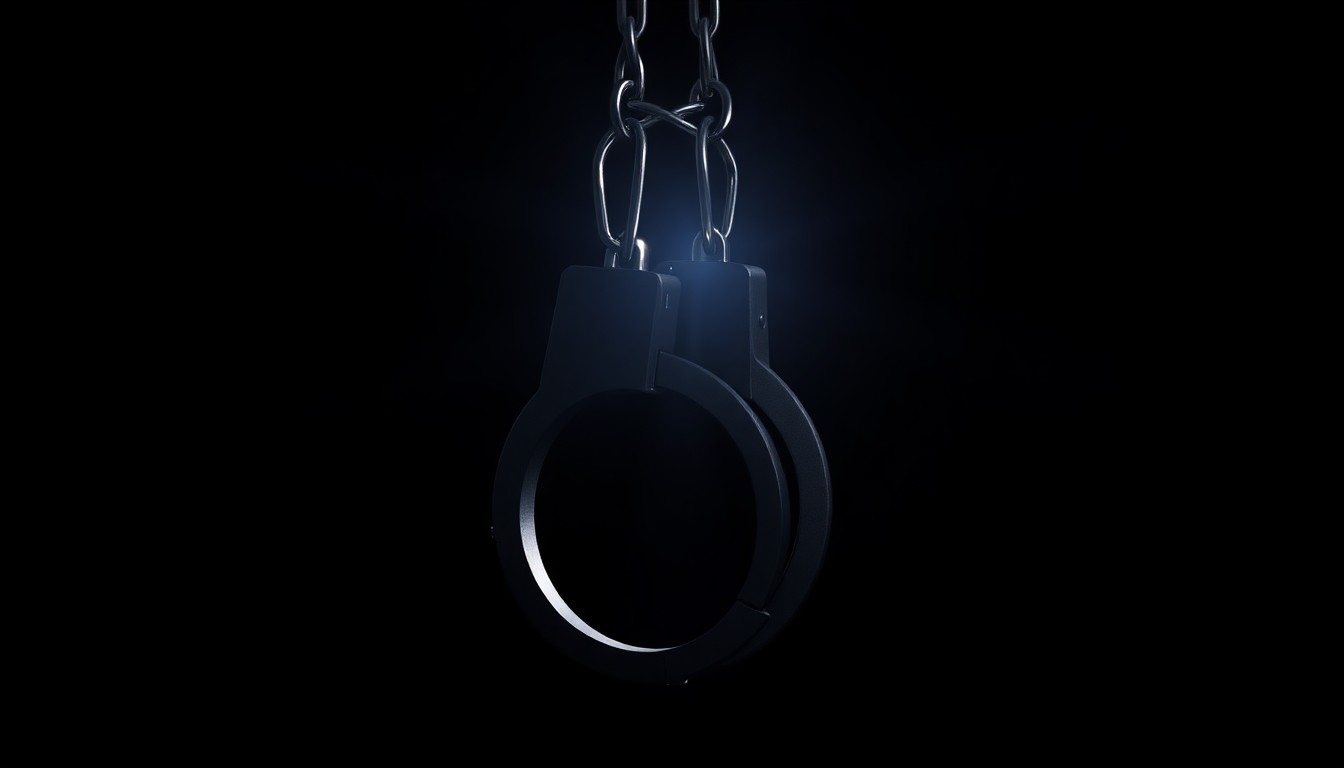 An extreme close-up photograph of a pair of handcuffs against a stark black background, creating a gritty, investigative aesthetic through the use of harsh, direct lighting.