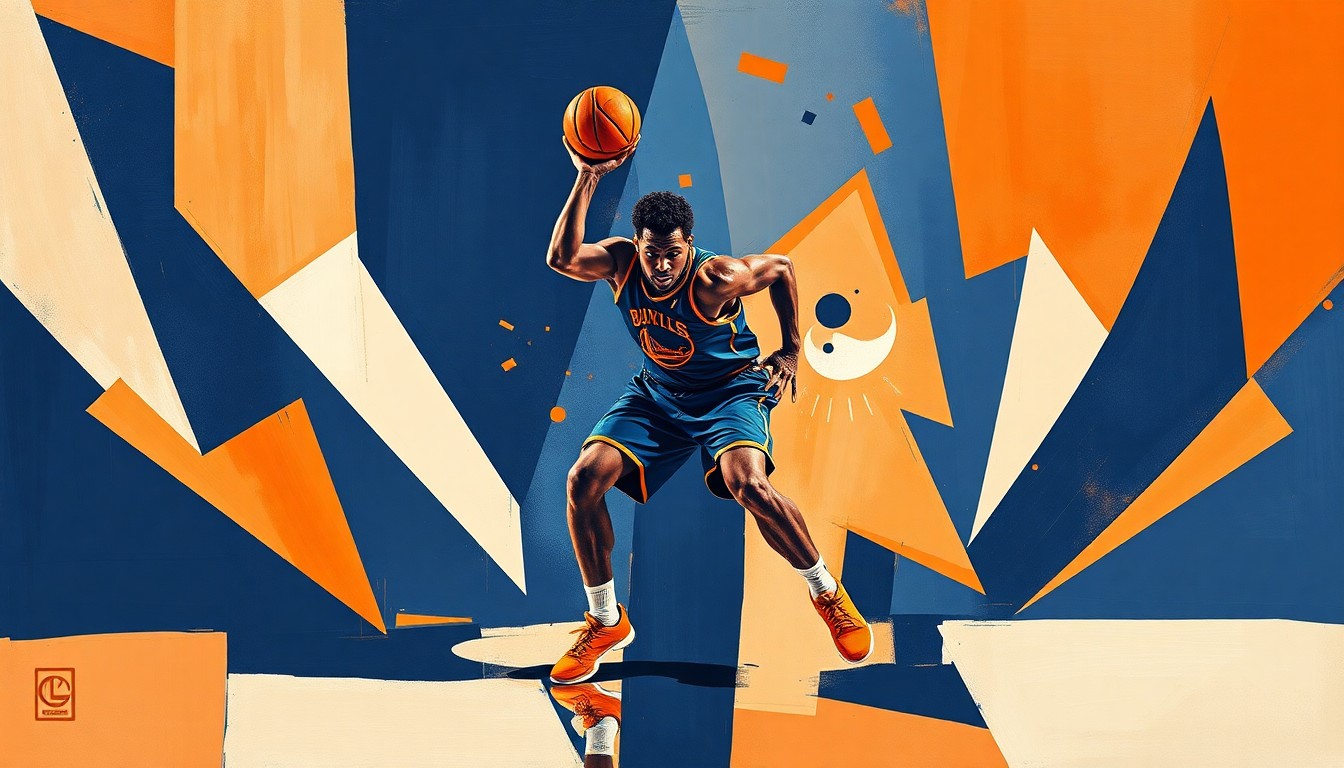 A cubist-style painting depicting a basketball player in a defensive stance, with their body and movements broken down into sharp, overlapping geometric shapes in navy blue, burnt orange, and white.