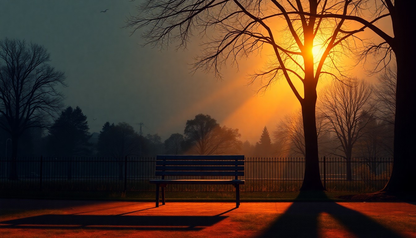 A tranquil oil painting depicting a park bench in a sun-dappled urban setting, conveying a sense of quiet contemplation and civic pride.