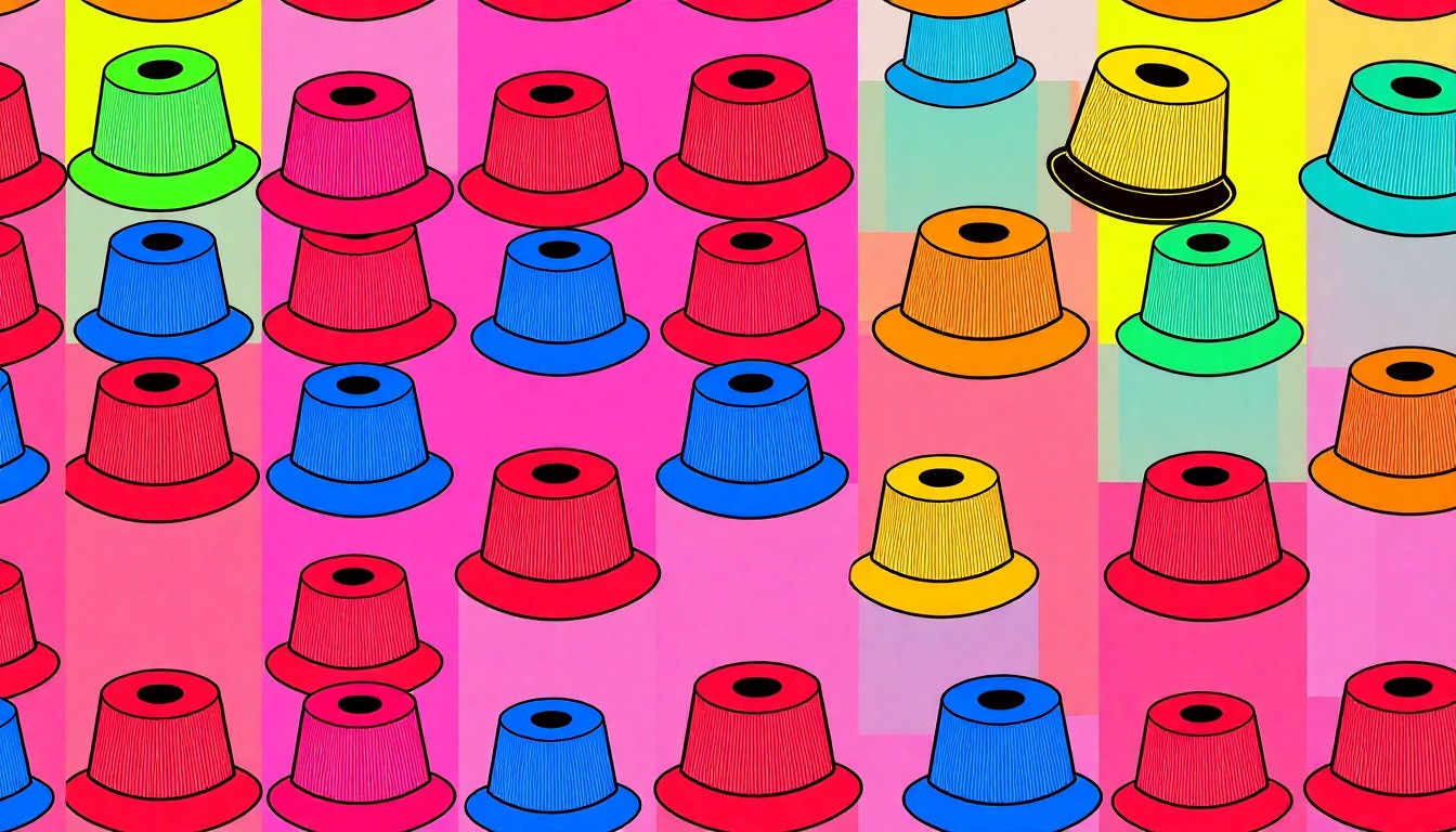 A vibrant, silkscreen-style illustration featuring a repeating pattern of a Shriner fez hat in bold, neon colors, capturing the festive atmosphere of the Shriners' community events.