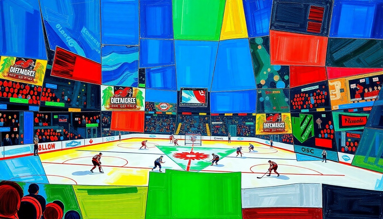 A cubist, geometric painting depicting a hockey game or match, with sharp, overlapping planes of color representing the dynamic movements and energy of the sport.