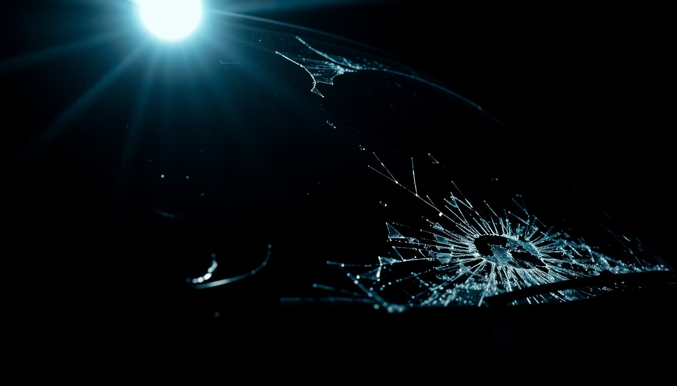 An extreme close-up photograph of a shattered car windshield, capturing the dramatic texture and material details under harsh, direct lighting, conceptually illustrating the aftermath of a serious car accident.