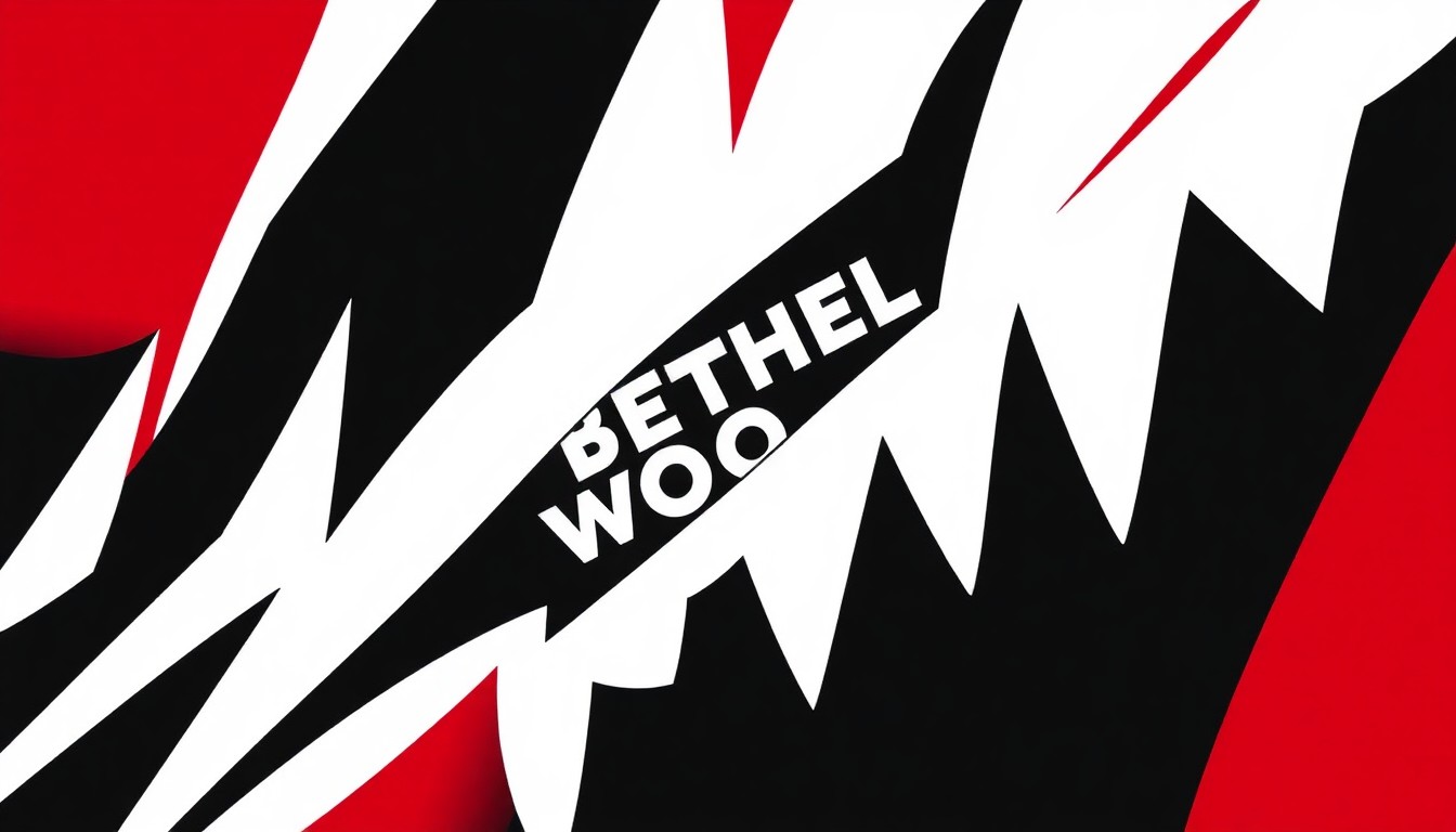 An abstract, minimalist illustration featuring bold, jagged shapes in black, white, and red, conceptually representing the energy and variety of the Bethel Woods summer concert series.