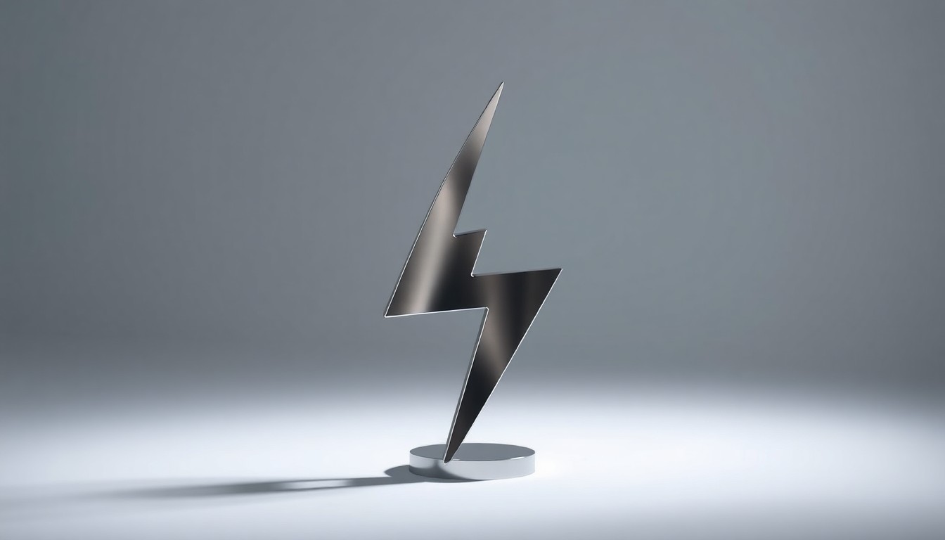 A polished, geometric metal sculpture in the shape of a lightning bolt, representing the power generation capabilities of Fervo Energy's geothermal technology, placed on a clean, monochromatic background with dramatic studio lighting.