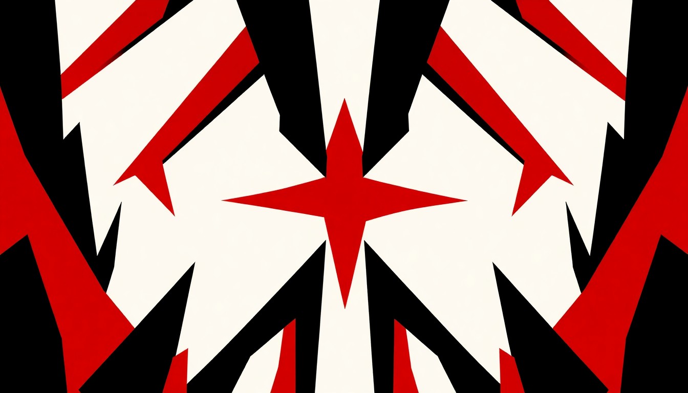 An abstract composition of bold, geometric shapes in deep red, black, and white, conveying the powerful, iconic presence of country music legend Randy Travis.