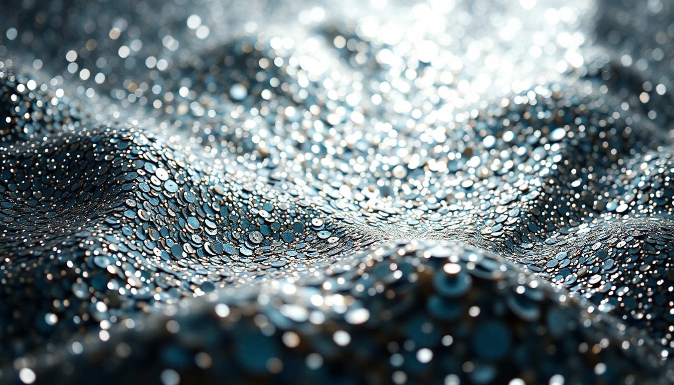 An extreme close-up photograph of shimmering, glittering sequins in dramatic, high-contrast studio lighting, conceptually representing the glamour and luxury of celebrity culture.