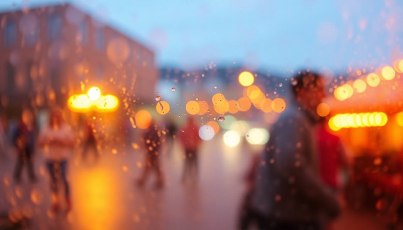 An abstract, impressionistic photograph depicting blurred, colorful scenes of people enjoying various activities and events in Juneau, Alaska, captured in a soft, dreamlike style.