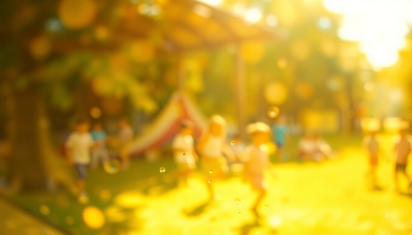 An abstract, impressionistic scene of children playing outdoors at a summer camp, with soft, blurred brushstrokes of warm, vibrant colors creating a sense of joy and energy.