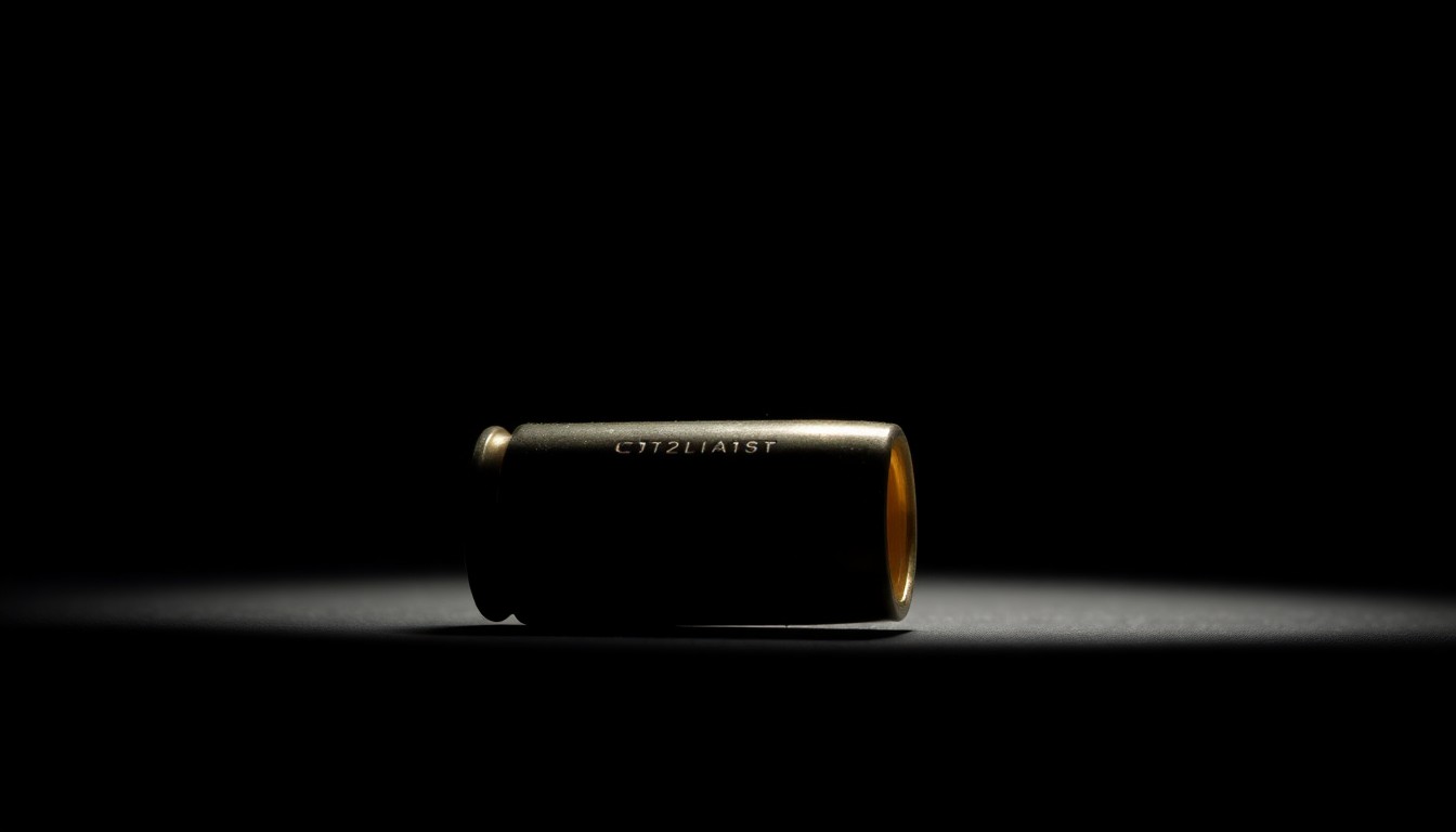 An extreme close-up photograph of a single spent bullet casing against a pitch-black background, lit by a harsh, direct camera flash to create a gritty, investigative aesthetic.