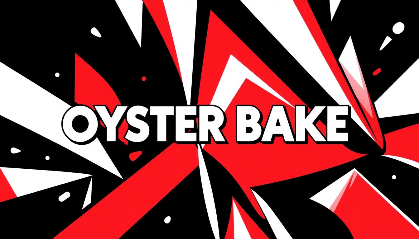 An abstract, minimalist illustration featuring sharp, angular shapes in black, white, and red, conveying the lively, celebratory spirit of the Fiesta Oyster Bake event.