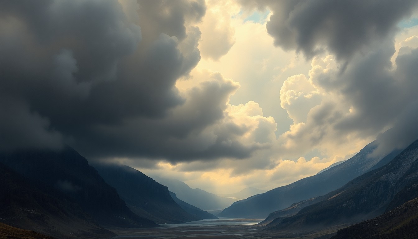 A sweeping, atmospheric landscape painting depicting a dramatic cold front moving in, with heavy clouds and rain dominating the scene and dwarfing any physical structures or events below.