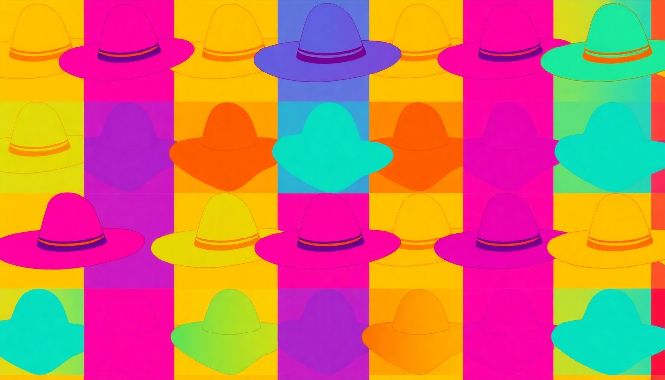 A high-contrast silkscreen print featuring a repeated pattern of a traditional Fiesta sombrero in bold, neon colors against a black background, conceptually representing the energy and cultural significance of the annual event.