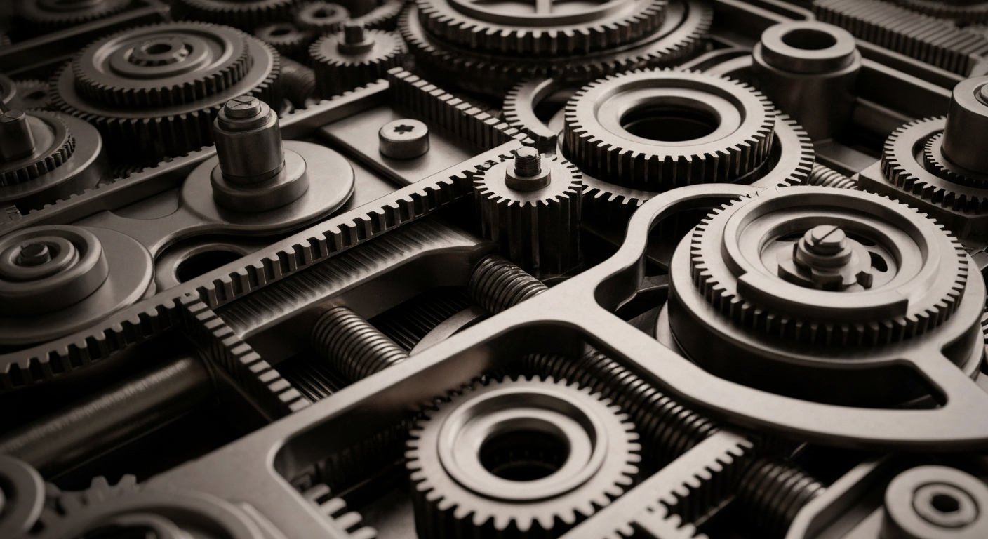 An extreme close-up of intricately connected gears, levers, and mechanical components in shades of steel grey, bronze, and black, conceptually representing the complex inner workings of a financial institution's technological infrastructure.