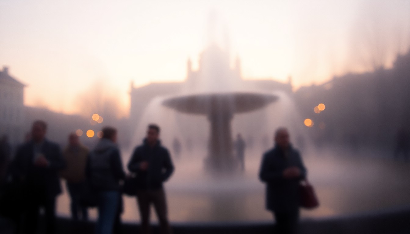An abstract, impressionistic photograph of Lotta's Fountain in San Francisco at dawn, with a hazy, dreamlike quality created by the out-of-focus, condensation-streaked lens, capturing the solemn yet hopeful mood of the annual earthquake commemoration ceremony.