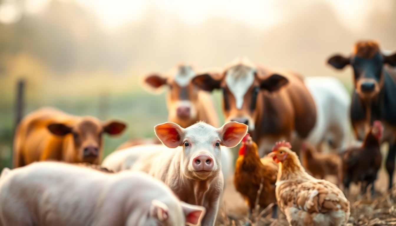 An abstract, out-of-focus photograph in soft, warm tones depicting a group of farm animals in a peaceful, pastoral setting, conceptually representing the compassionate mission of animal sanctuaries.