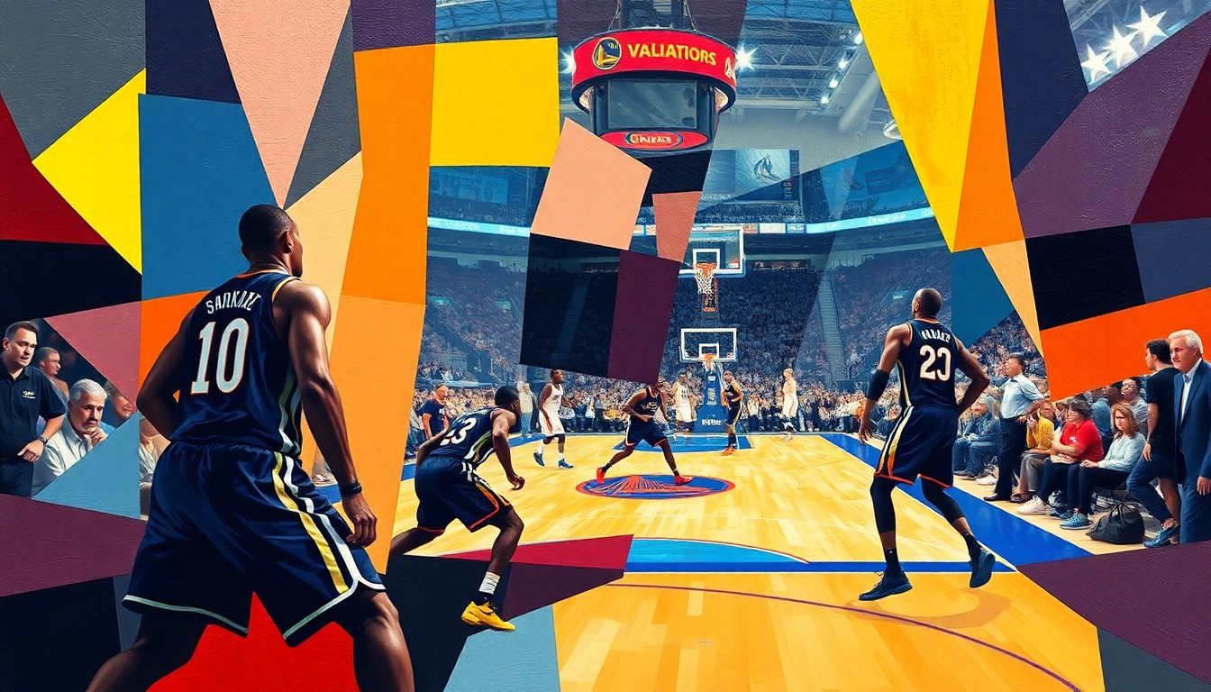 An abstract painting featuring sharp, overlapping geometric shapes in bright colors, representing the players and court of a basketball game in a cubist, deconstructed style.