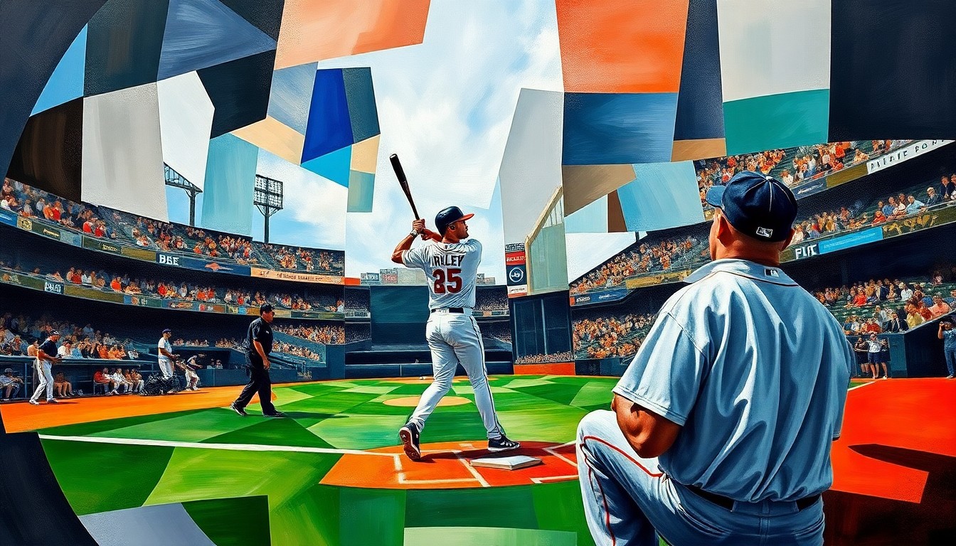 A fragmented, geometric painting depicting the tense moment of a baseball at-bat, with the batter, umpire, and field of play broken down into sharp, overlapping planes of color and form, conveying the mental and emotional intensity of the situation.
