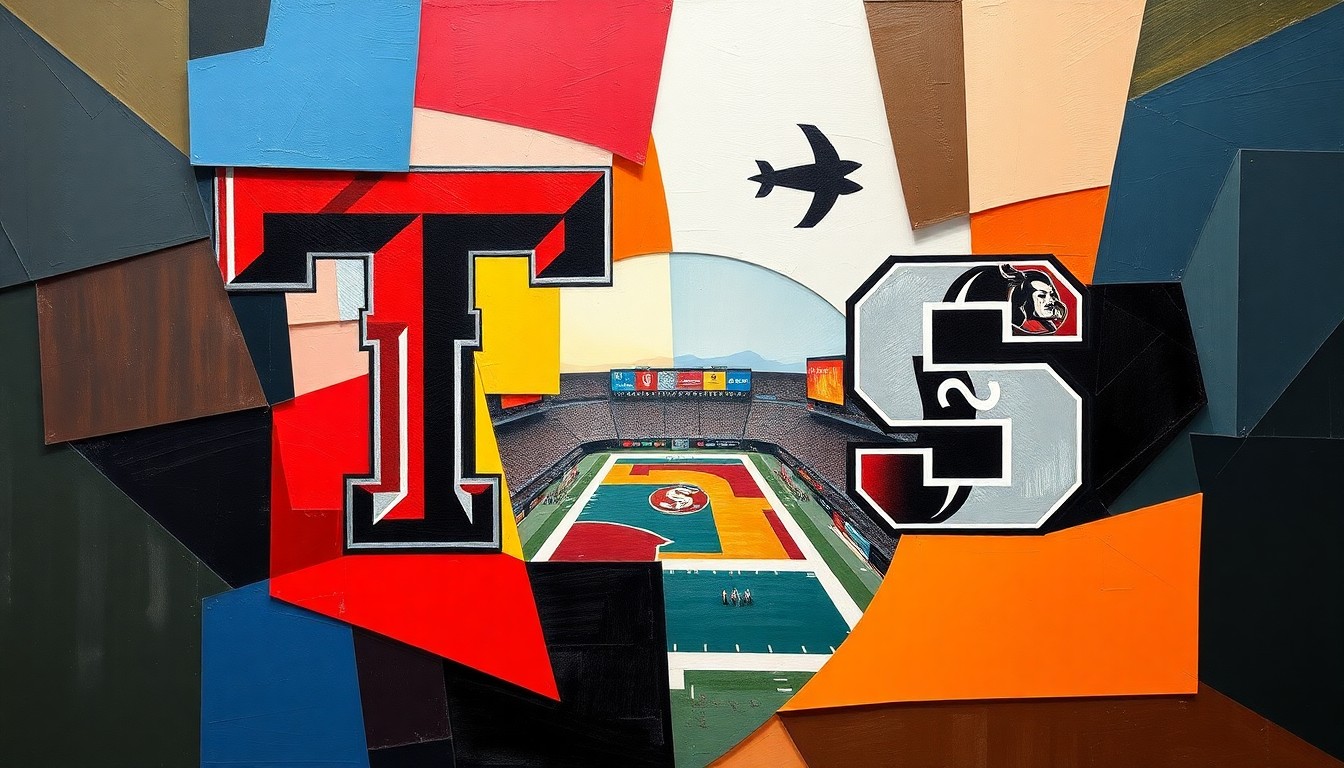 A cubist, geometric illustration depicting a fragmented college football game, with sharp planes of red, black, and white representing the colors of Texas Tech and North Carolina State.