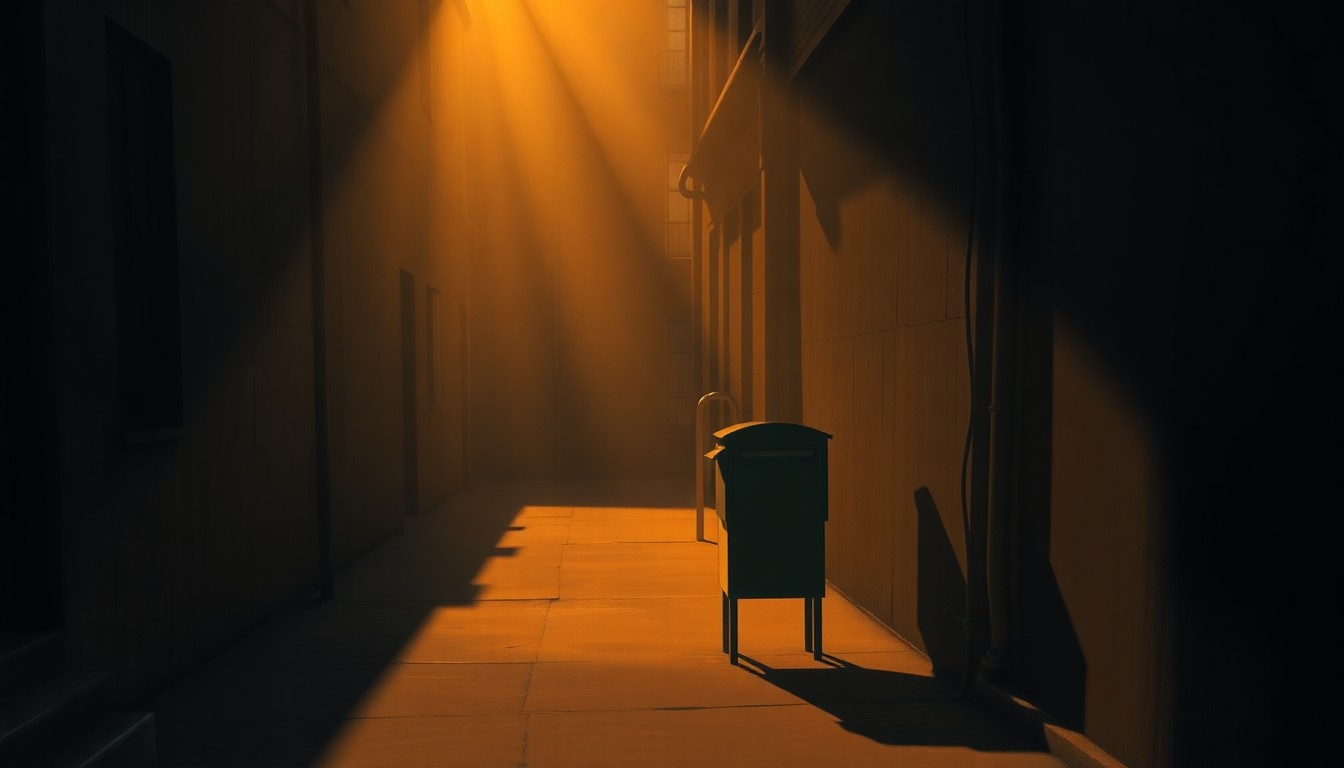 A moody, cinematic painting depicting a lone ballot box or mailbox in a shadowy urban alleyway, the warm sunlight casting dramatic shadows and highlighting the solitary nature of the scene, conveying a sense of unease and uncertainty about the integrity of the electoral process.