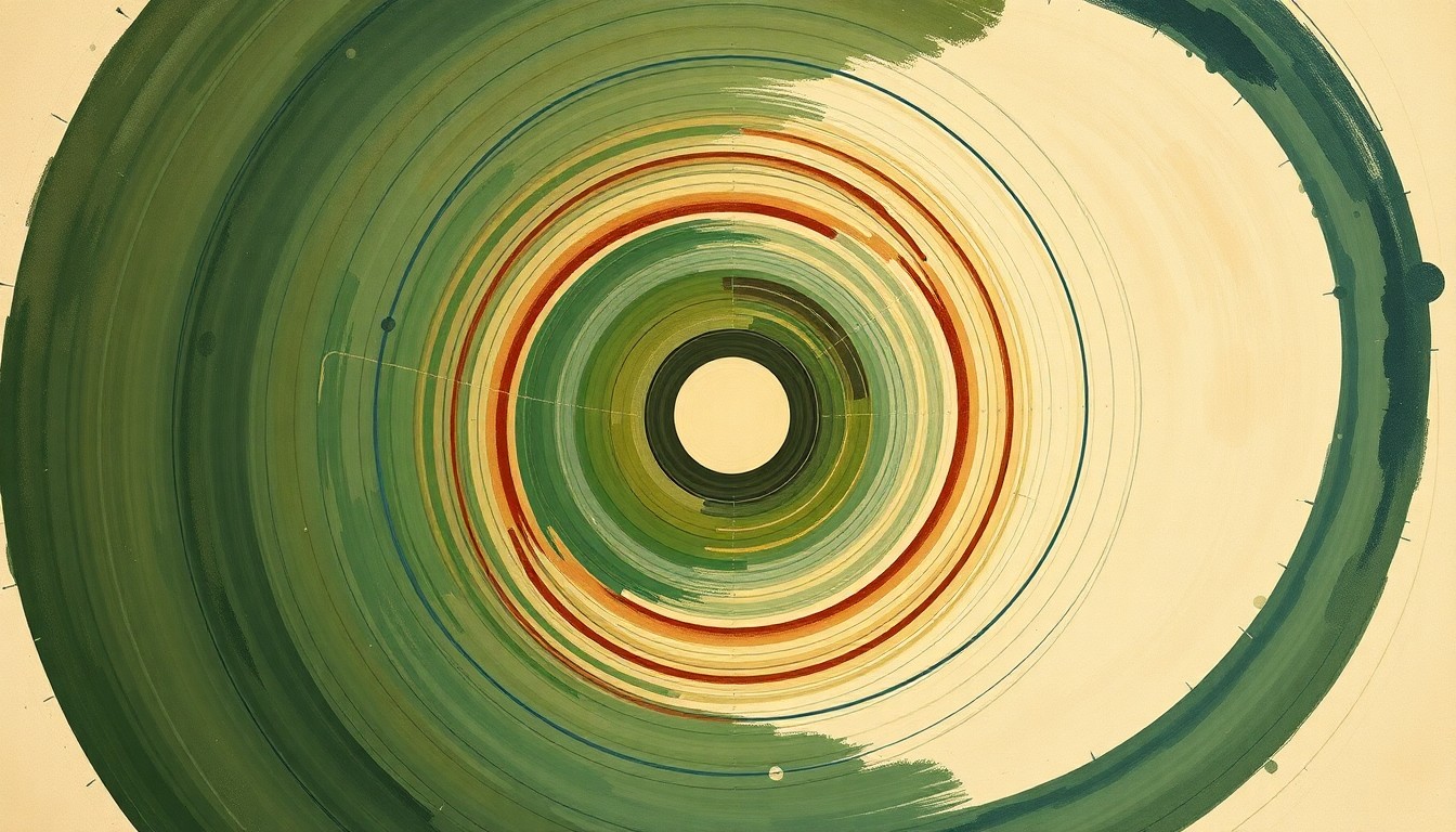 A bold, abstract painting in earthy tones of green, brown, and blue, featuring sweeping geometric arcs, concentric circles, and precise botanical spirals, conceptually representing the complex biological and ecological forces at play in the California condor recovery effort.