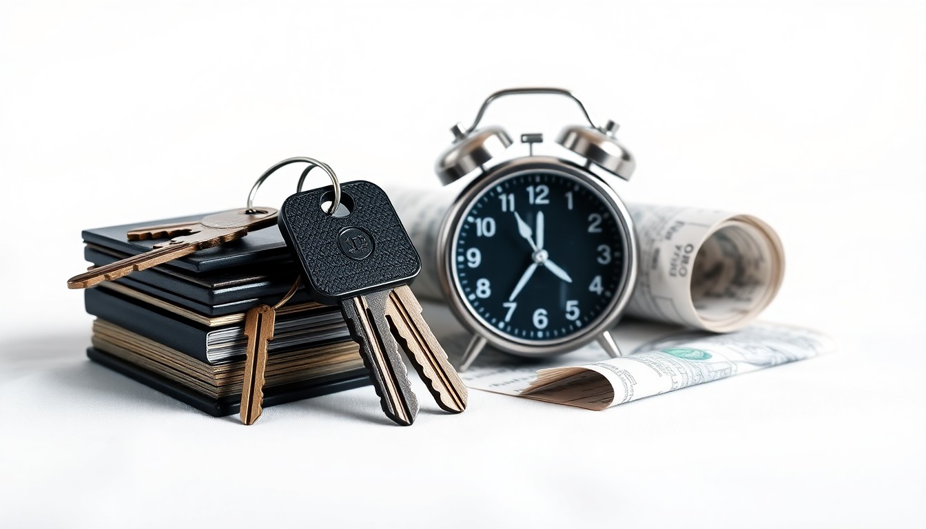 A minimalist studio still life photograph featuring a stack of hotel room keys, a digital alarm clock, and a rolled-up map of Seattle, arranged elegantly on a clean, white background to represent the abstract concepts of global travel, hospitality, and economic uncertainty.