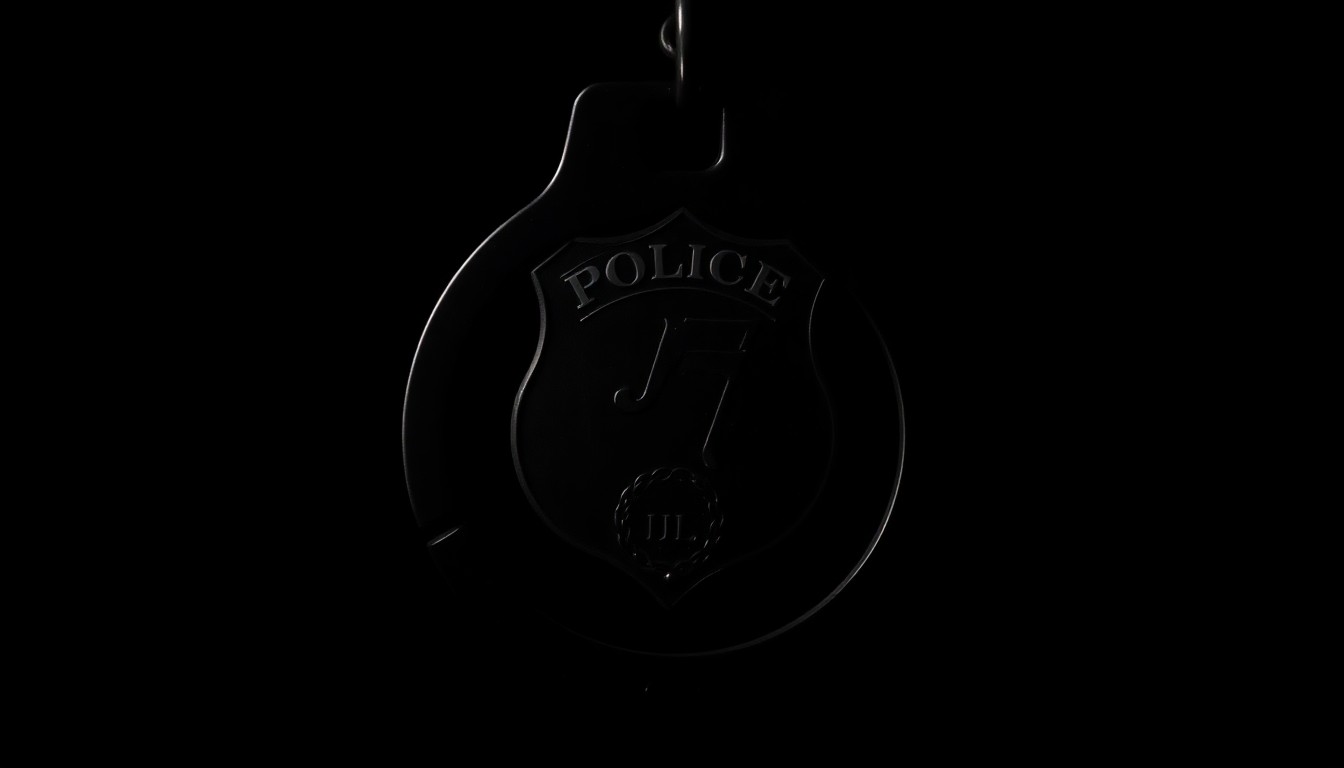 An extreme close-up of a police badge or handcuff, the metal surface reflecting a harsh, bright light that casts dramatic shadows, conceptually representing the investigation into the Tyré Nichols case.