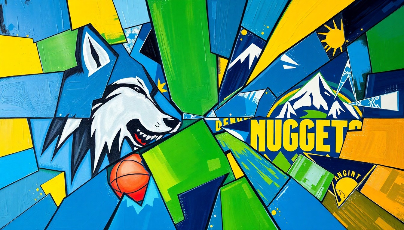 A fragmented, cubist-style painting depicting a basketball game between the Minnesota Timberwolves and Denver Nuggets, with sharp geometric shapes and clashing colors representing the strategic adjustments each team will need to make without their injured players.
