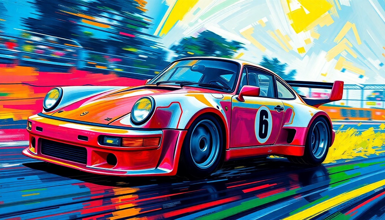 A vibrant, expressionist painting in neon colors depicts the dynamic movement and energy of a Porsche 963 race car on a street circuit, conveying the excitement and potential of Laurin Heinrich's surprise performance.
