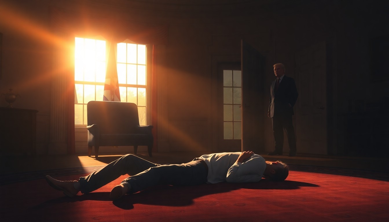 A cinematic painting in the style of Edward Hopper depicting the interior of the Oval Office, with a solitary figure collapsed on the floor and President Trump standing nearby, the scene bathed in warm, diagonal sunlight and deep shadows.