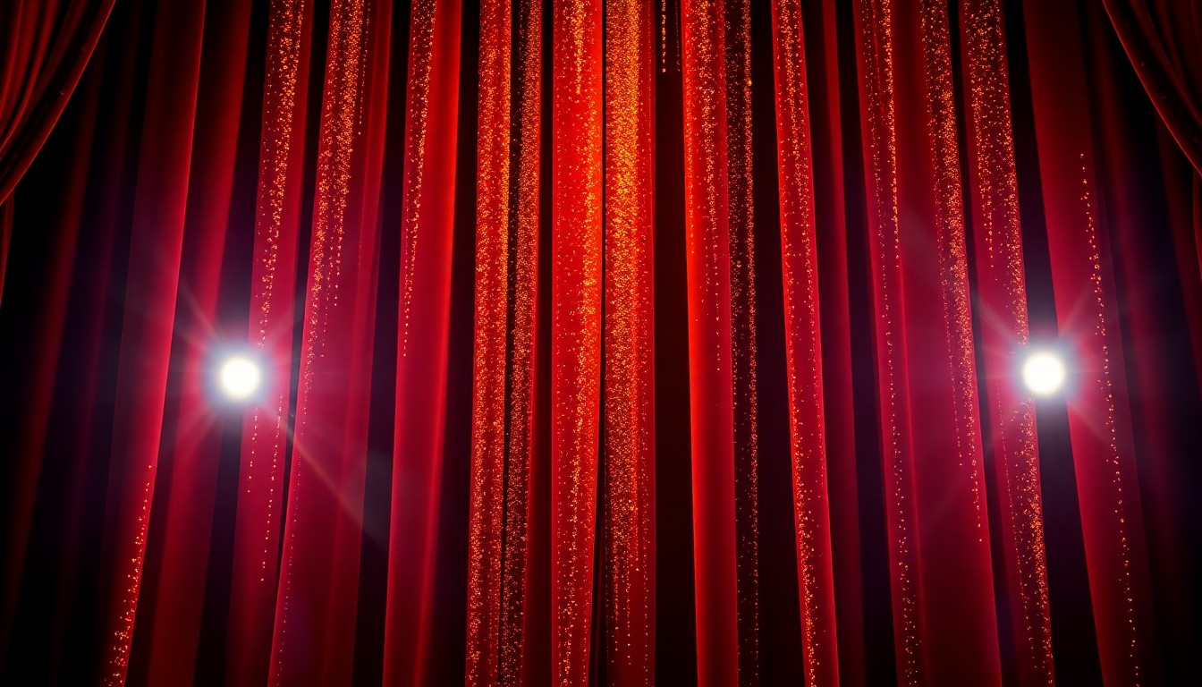 An extreme close-up of plush, shimmering opera stage curtains in deep burgundy and gold, capturing the luxurious textures and dramatic lighting of a grand theatrical performance.