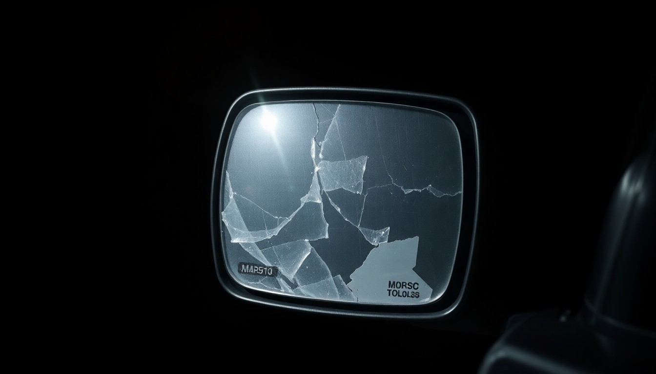 An extreme close-up photograph of a broken side mirror from a vehicle, lit by a harsh, direct camera flash against a pitch-black background, conveying a stark, gritty, and investigative aesthetic.
