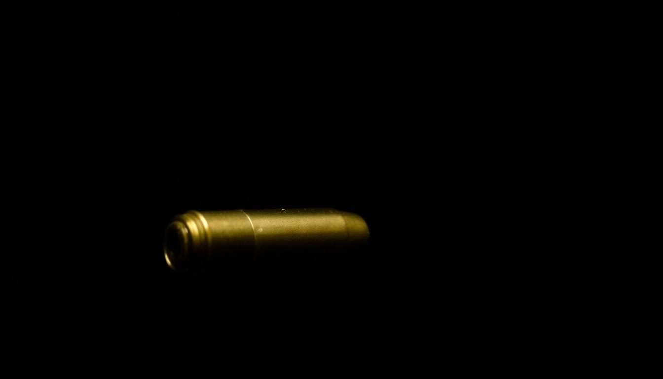 An extreme close-up photograph of a single bullet casing on a dark background, lit by a harsh camera flash, conceptually representing the presence of firearms on a school campus.