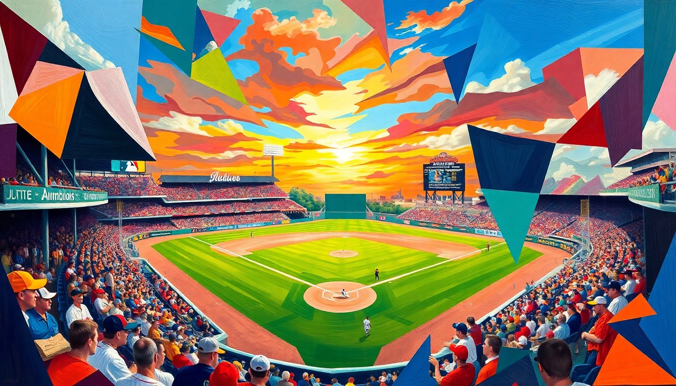 A fractured, geometric painting in vibrant colors depicting various aspects of a minor league baseball game, such as players, fans, and the stadium, all broken down into sharp, overlapping planes to create a dynamic, multi-perspective visual.