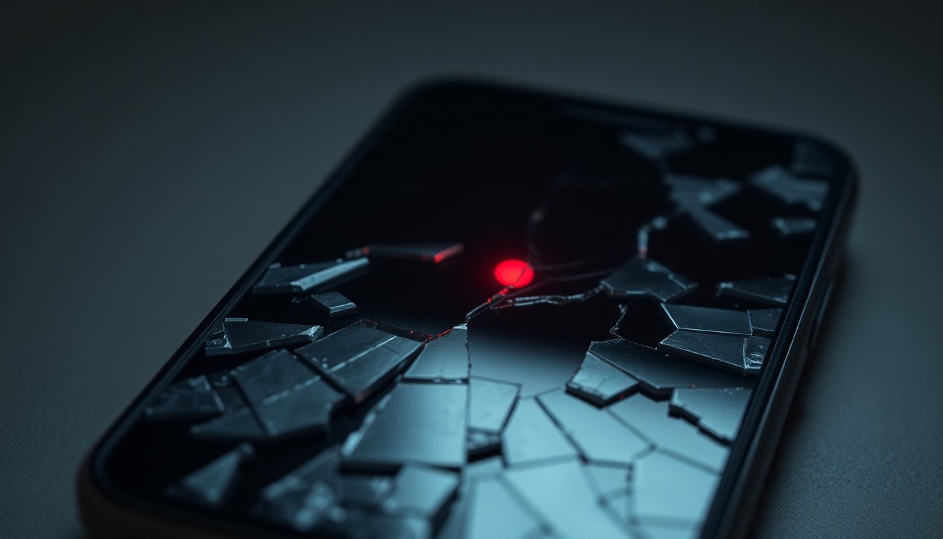 An extreme close-up photograph of a shattered cell phone screen reflecting a faint red light, conceptually representing the aftermath of domestic violence without depicting actual violence, weapons, or victims.
