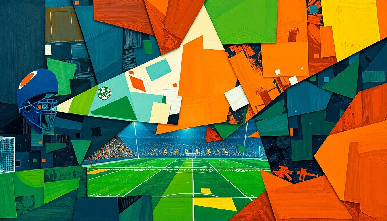A fragmented, geometric painting depicting the movement and energy of a football game, with sharp planes of color representing the trade of defensive linemen between the two teams.