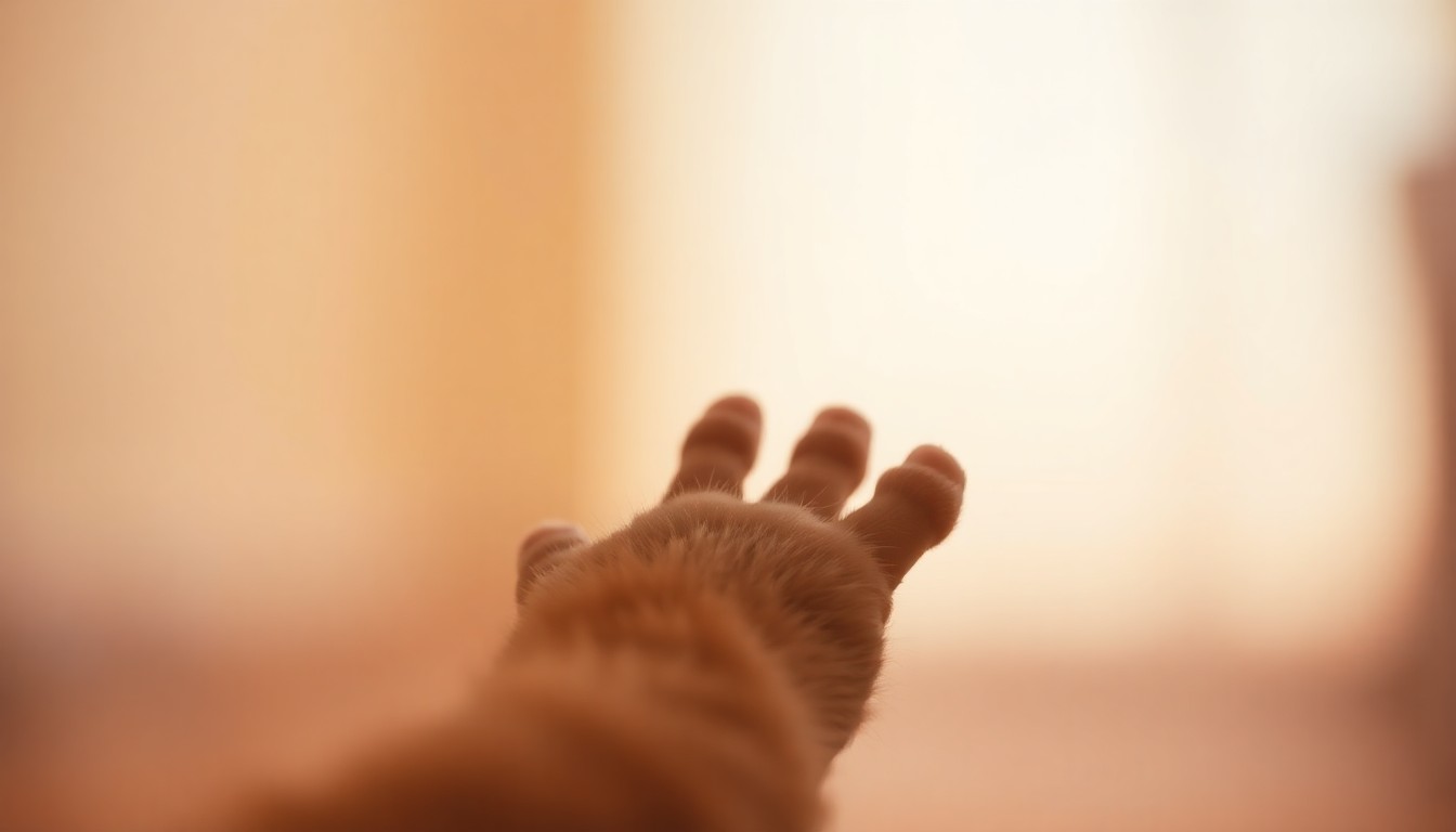 An abstract, out-of-focus photograph in warm, hazy tones depicting a cat's paw reaching out from a blurred background, conceptually representing the memory of a beloved neighborhood pet.
